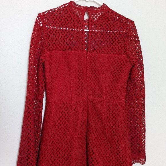 Women's Aqua Eyelet Mini Dress Red Bell Sleeve Geometric Lace Small Mock Neck - Picture 7 of 11